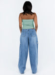 Jeans Mid wash denim High rise Belt looped waist Zip and button fastening Classic five-pocket design Branded patch at back Rips at thigh Wide leg