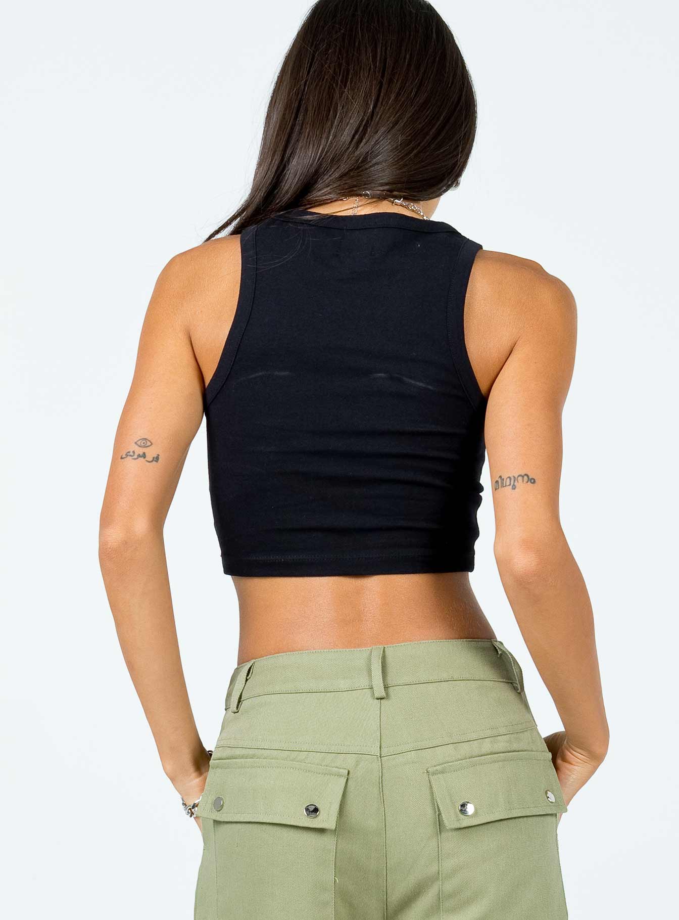 back view of model wearing Princess Polly Punk Rocker Tank Top Black 