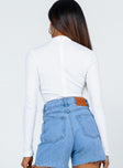 White long sleeve bodysuit Ribbed material  Mock neck  Brief cut bottom  Press clip fastening at base 