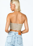 Crop top Mesh material Boning throughout  Pointed neckline  Inner silicone strip at bust  Zip fastening at back 