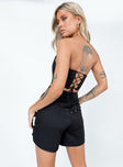 Black shorts High waisted  Hook & zip front fastening  Twin hip pockets  Faux back pockets 