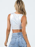 Cropped tank top Iridescent material Cowl neck Cut out at side Diamante detail straps