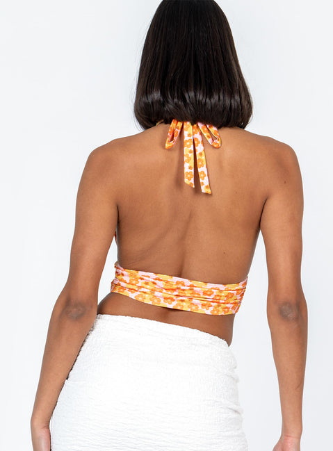 back view of model wearing Princess Polly Kayson Top Orange Multi Sleeveless Plunger 
