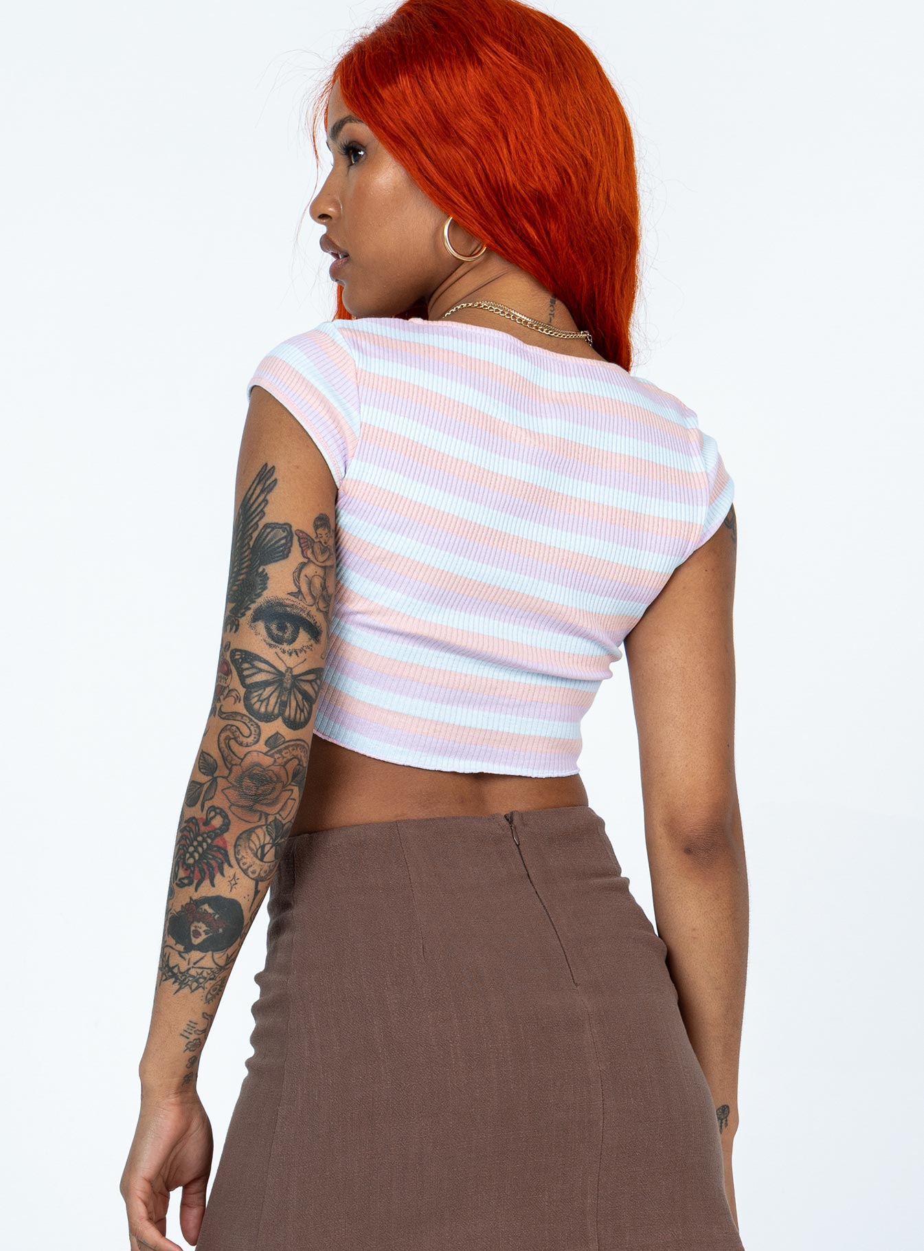 back view of model wearing Princess Polly Corby Top Stripe Multi Sleeveless Square Neck 