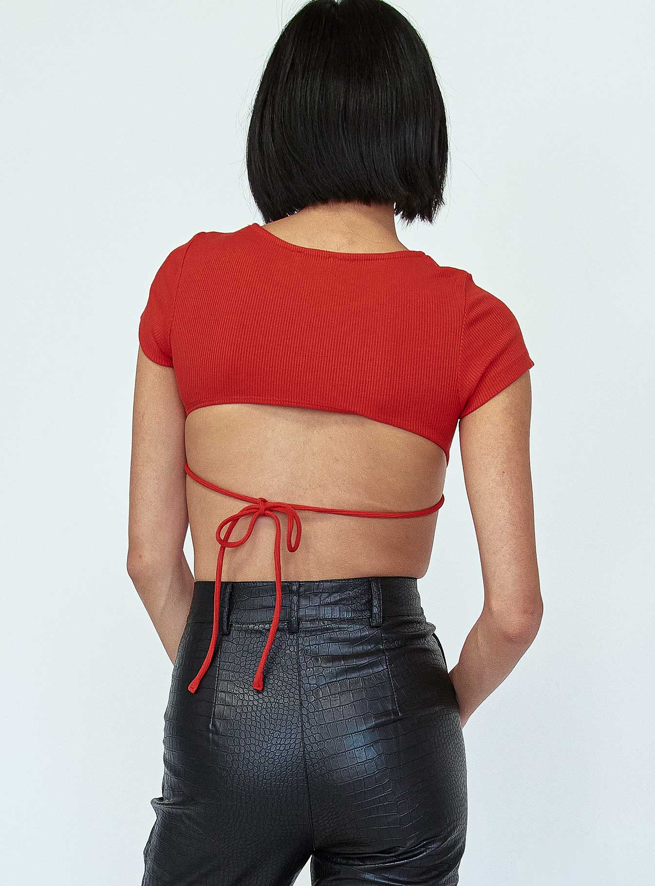 back view of model wearing Princess Polly Becca Short Sleeve Crop Top Red 