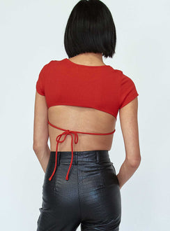 back view of model wearing Princess Polly Becca Short Sleeve Crop Top Red 
