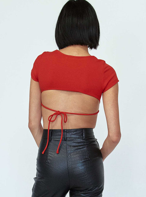 back view of model wearing Princess Polly Becca Short Sleeve Crop Top Red 