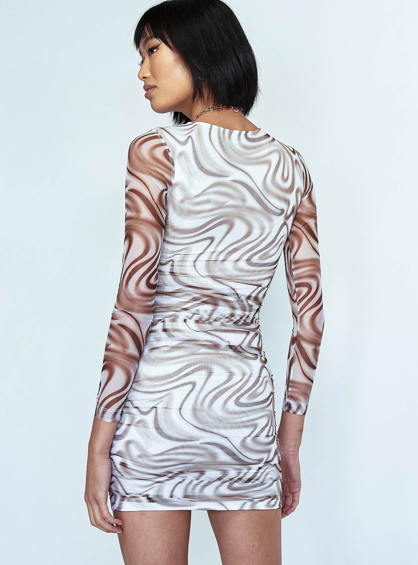 back view of model wearing Princess Polly Hazel Long Sleeve Mini Dress White / Brown 