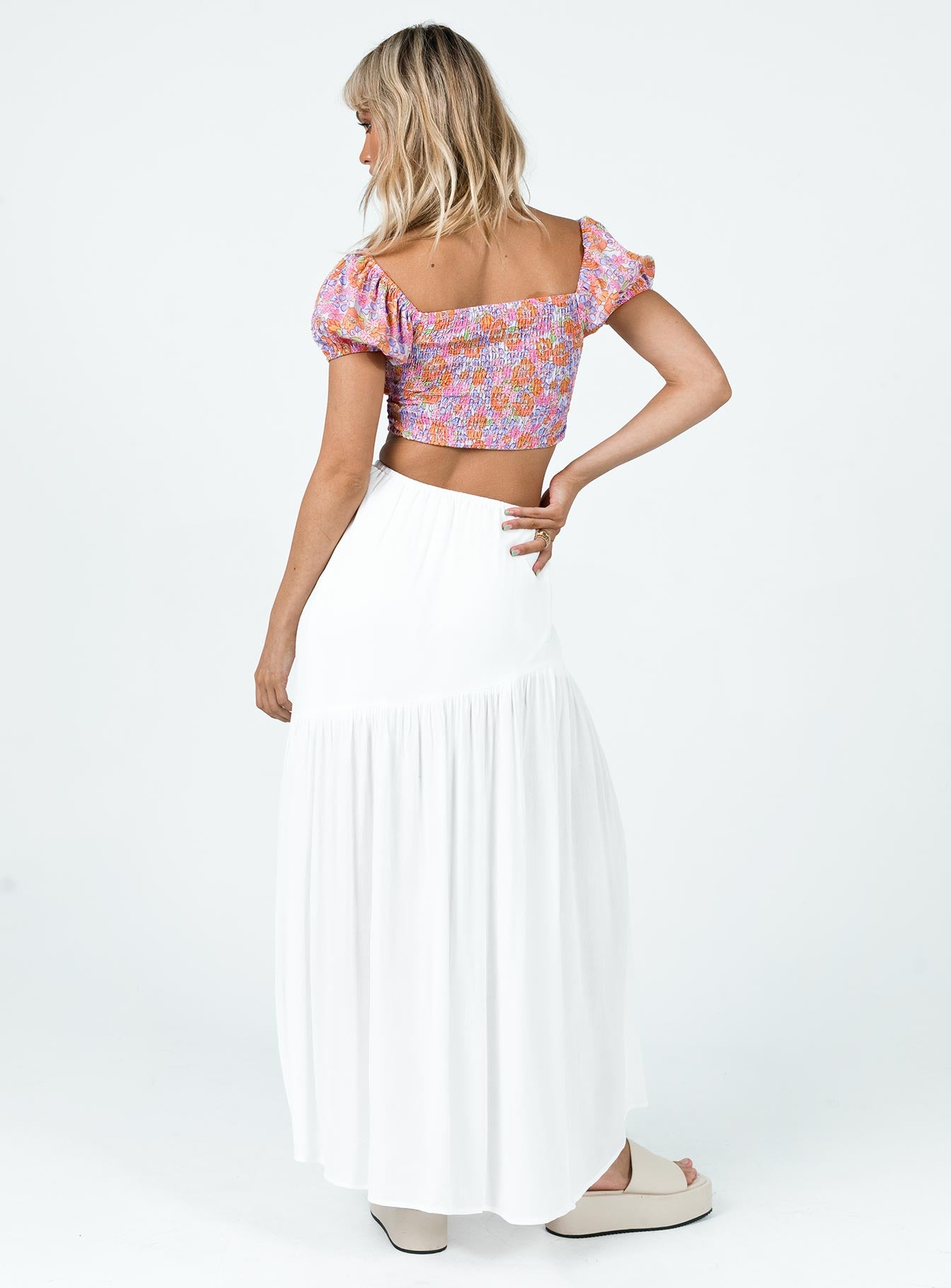 Front view of model wearing  front Chels Asymmetric Maxi Skirt White Princess Polly  Maxi 