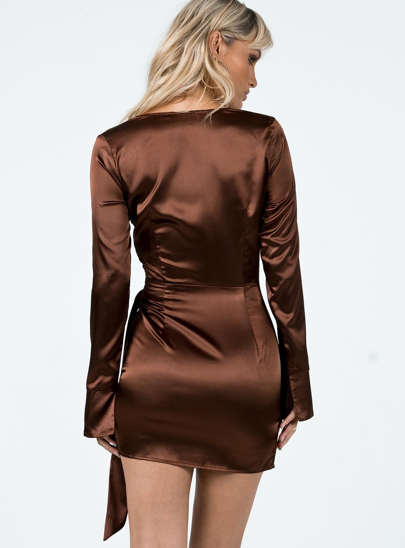 back view of model wearing Princess Polly Energy Flow Mini Dress Brown 