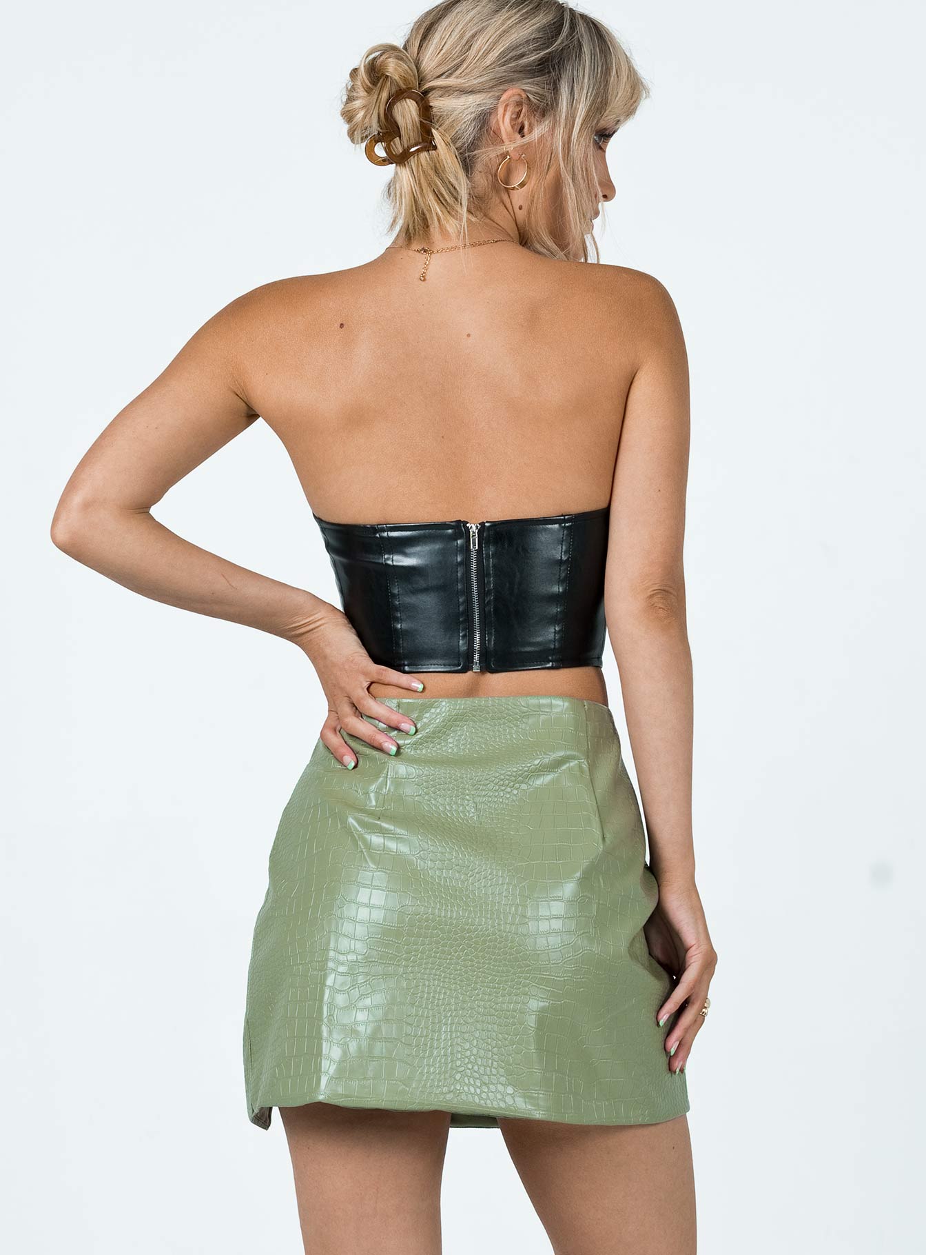 back view of model wearing Princess Polly Marilyn PU Mini Skirt Green 