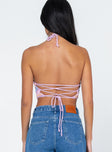 Crop top slim fitting Crochet design  Striped print  Halter neck tie fastening  V neckline  Lace-up back straps 