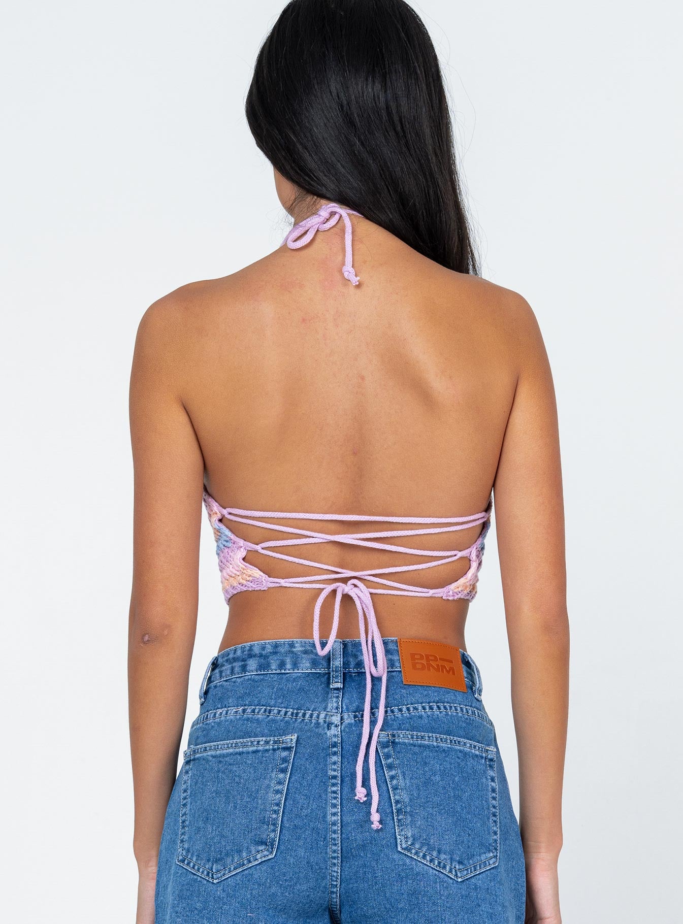 back view of model wearing Princess Polly Roddy Top Pink / Purple 