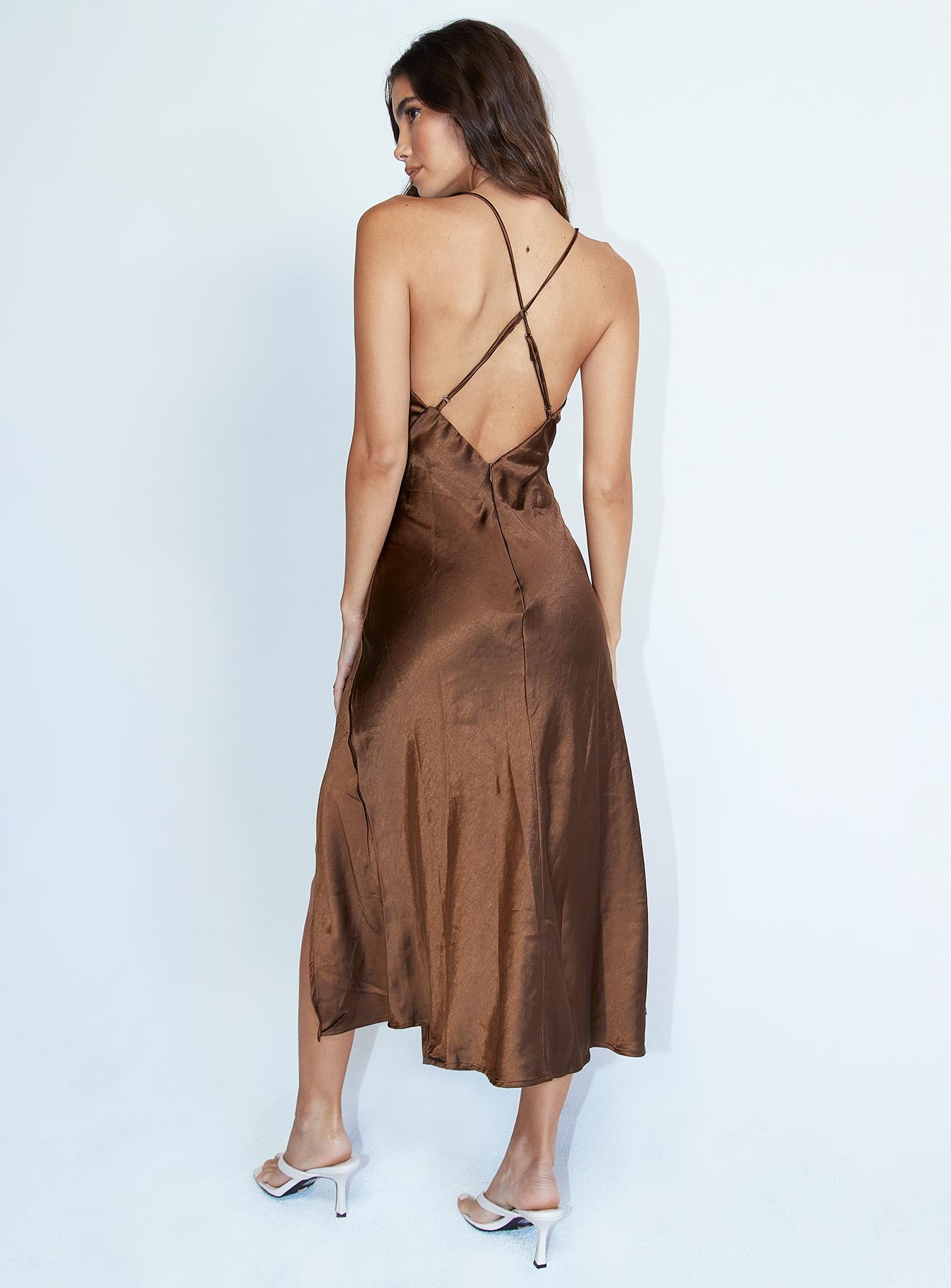 back view of model wearing Princess Polly Gigi Midi Dress Brown 