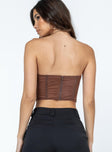 Strapless corset top Sheer mesh material  Padded bust  Boning throughout  Zip fastening at back  Slight stretch  Lined bust