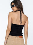 Top Ribbed material  Halter neck tie fastening  Faux button front  Ruched sides  Double pointed hem 