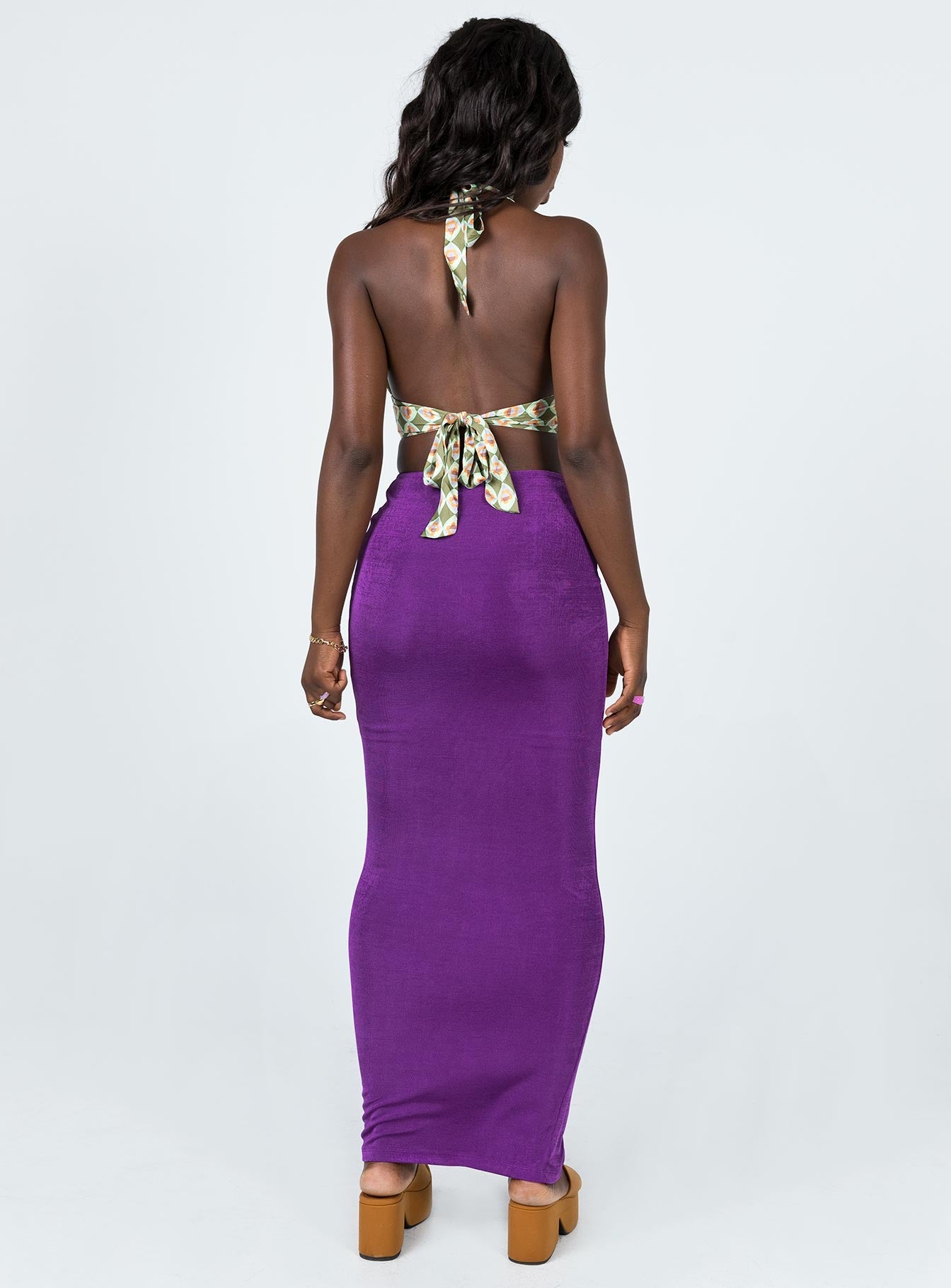 back view of model wearing Princess Polly Danna Maxi Skirt Purple 