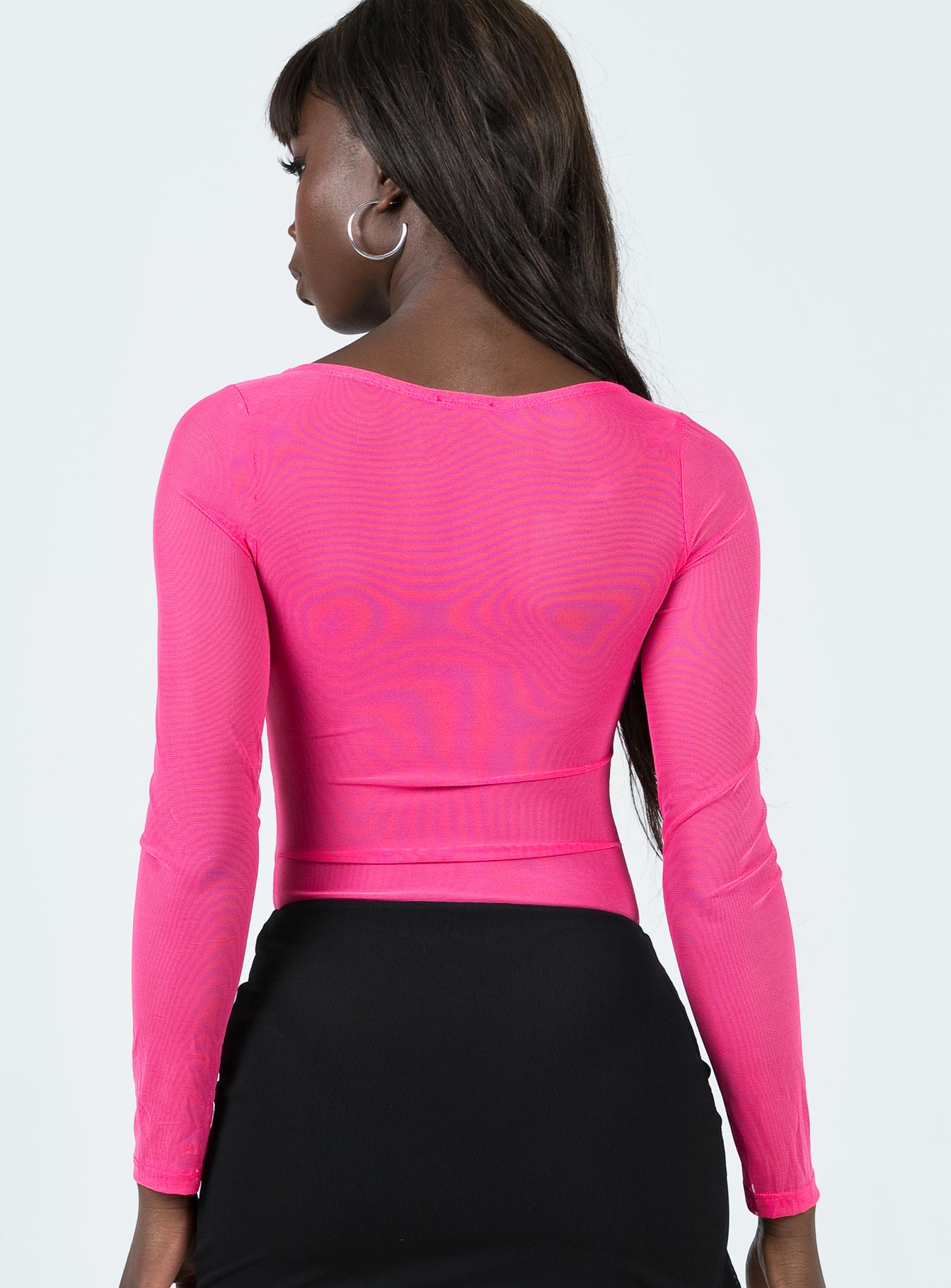 back view of model wearing Princess Polly Leonie Bodysuit Pink Full Sleeves Sweetheart 