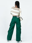 Green jeans Belt looped waist Classic five-pocket design Cargo style leg pockets Zip & button fastening Brand patch on pack Wide leg
