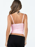 Cami top Sheer mesh material Adjustable shoulder strap Ruching at front & sides