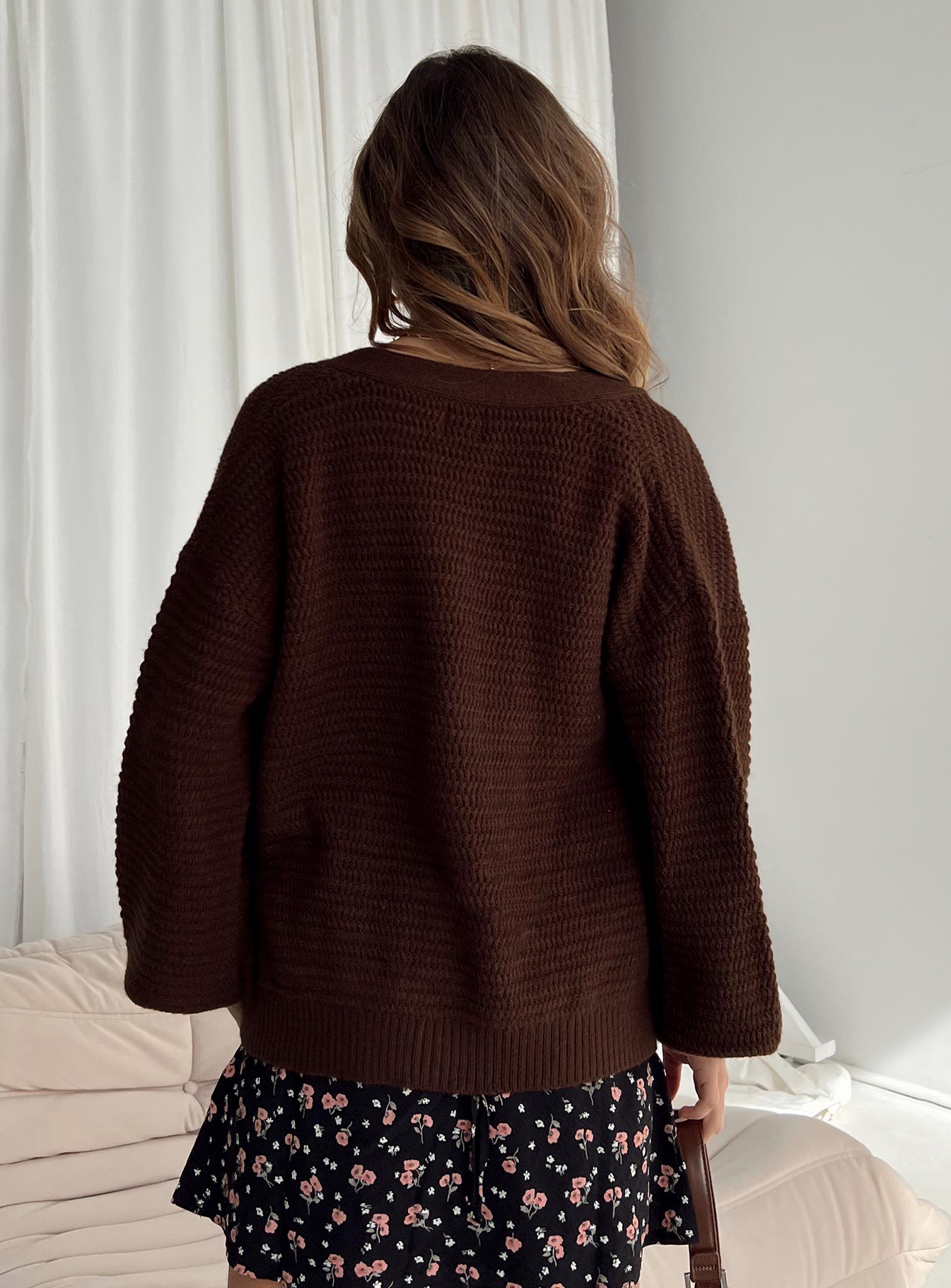 back view of model wearing Princess Polly Abel Cardigan Brown Long 