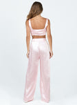 Matching set Silky material  Crop top Invisible zip fastening at side High waisted pants Wide relaxed leg Belt loops at waist Zip & button fastening