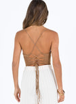 back view of model wearing Princess Polly Karlah Bodysuit Beige Sleeveless Square Neck 