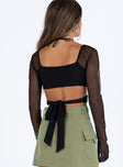 Black long sleeve crop top Mesh material Wrap design Tie fastening  Good stretch Lined body