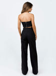 Matching set Linen look material Strapless crop top Inner silicone strip at bust Folded neckline Zip fastening at back Wide leg pants Zip & hook fastening Twin hip pockets