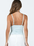 Cami top Adjustable shoulder straps   Lace trim at bust & hem