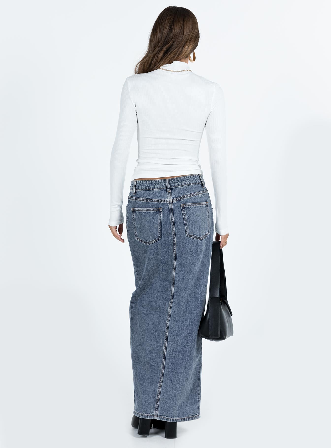 Front view of model wearing  front Barbara Split Midi Skirt Faded Denim Princess Polly  Maxi 