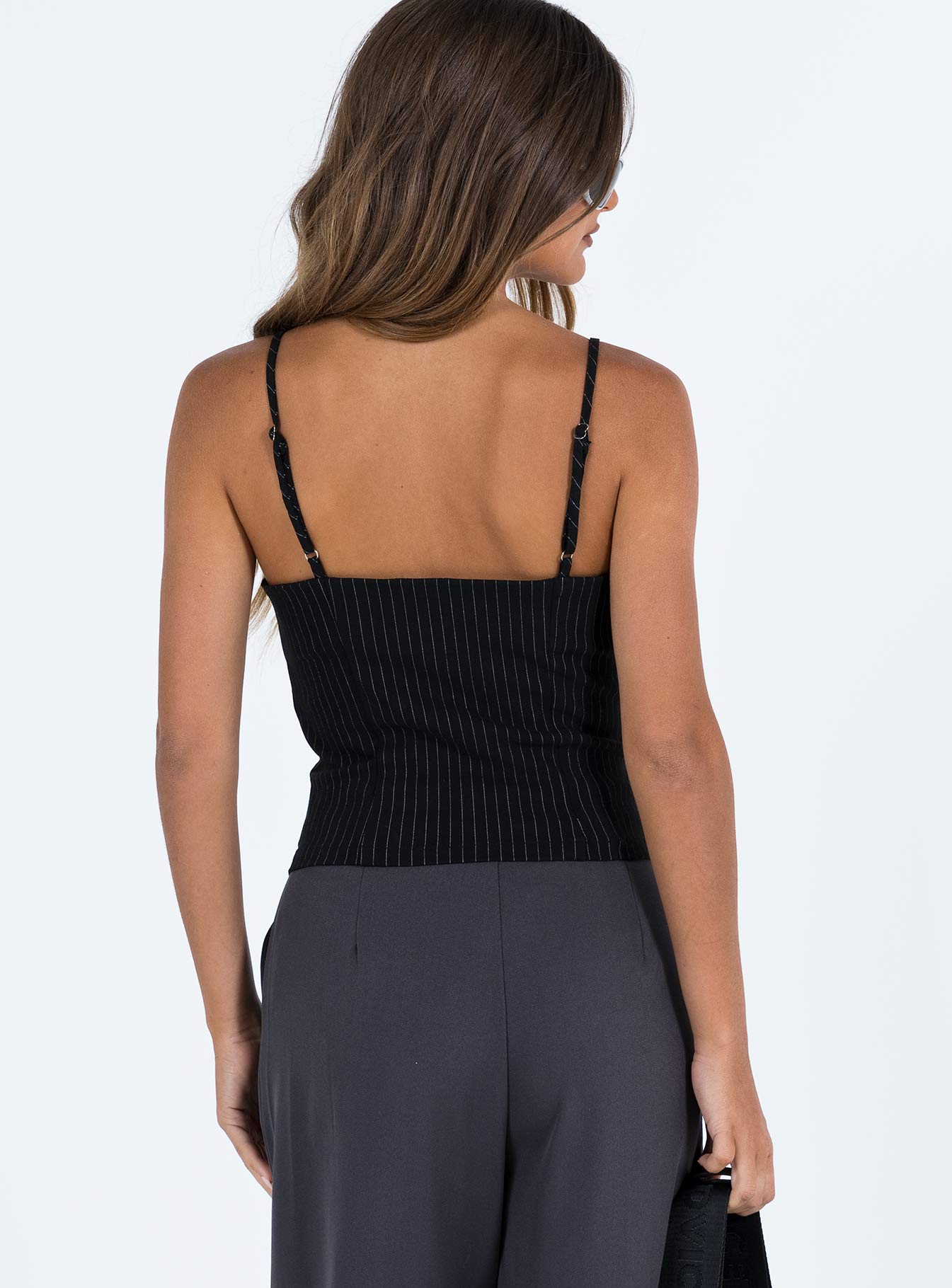 product Princess Polly Sleeveless Sweetheart  Archette Corset Vest Black Pinstripe