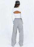 Grey pants Windbreaker material Elasticated waistband Twin hip pockets Stripe on leg Zip fastening at hem
