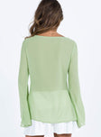 Long sleeve top Sheer material Square neckline Adjustable coverage at front Double tie fastening at front