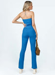 Matching set Ribbed knit material Strapless top Longline design High waisted pants Elasticated waistband Flared leg 
