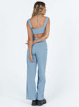 Matching set blue Soft brushed material Crop top Invisible zip fastening at side High waisted pants Wide relaxed leg Belt loops at waist Zip & button fastening Non-stretch Lined top