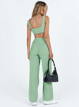 Green matching set Soft brushed material Crop top Invisible zip fastening at side High waisted pants Wide relaxed leg Belt loops at waist Zip & button fastening Non-stretch Lined top