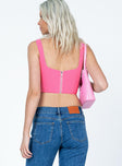 back view of model wearing Princess Polly Holland Top Pink Sleeveless Square Neck 