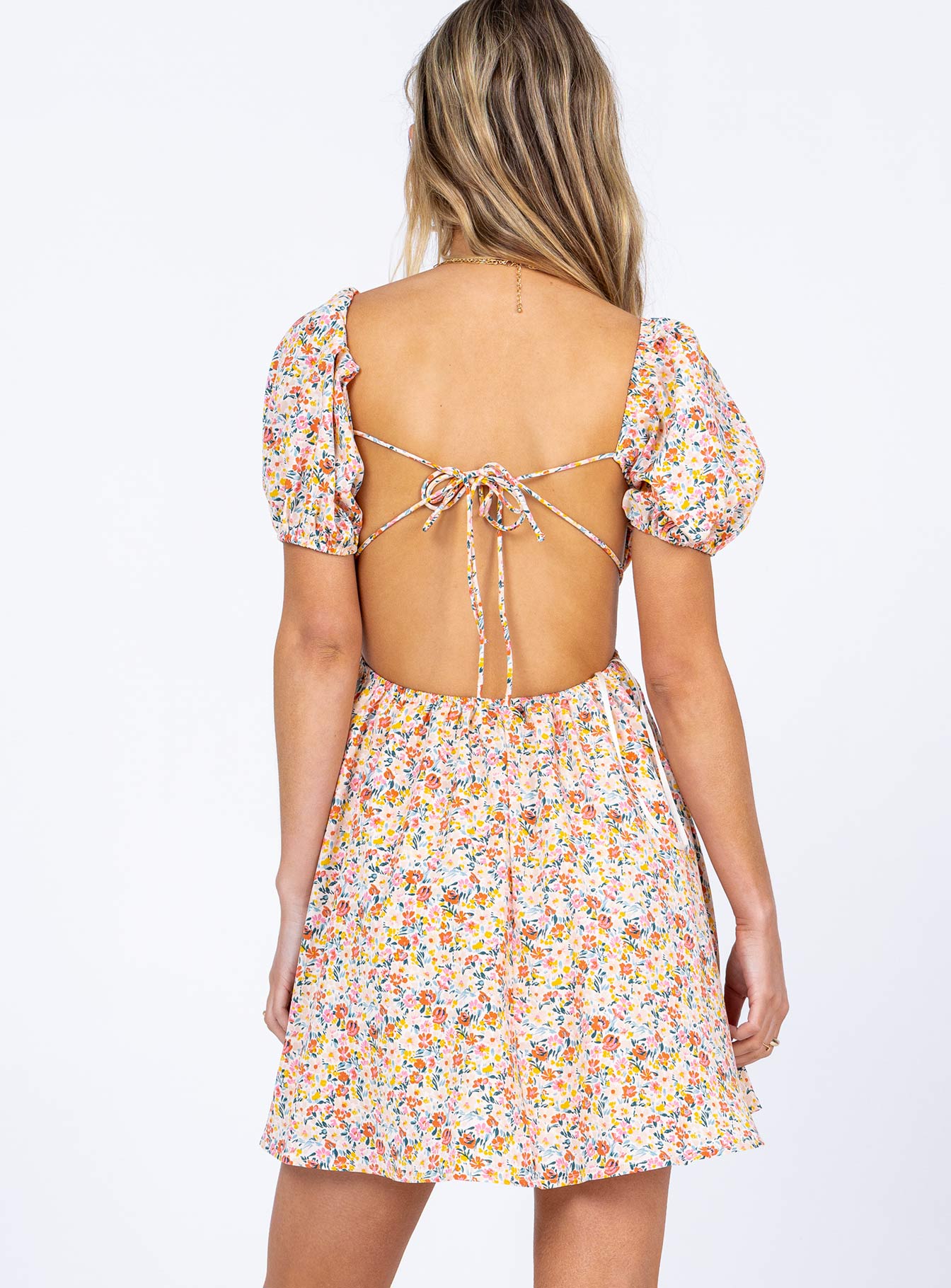 back view of model wearing Princess Polly Lillian Mini Dress Multi Floral 