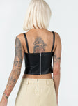 Corset top Faux leather material  Printed fabric bust  Fixed lace-up front  Zip fastening at back 