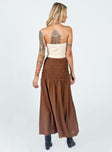 back view of model wearing Princess Polly Porto Maxi Skirt Brown Maxi 