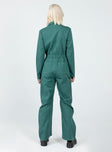 Boiler suit 100% cotton Relaxed fit Contrast stitching  Classic collar  Zip front fastening  Twin chest pockets  Six leg pockets  Elasticated waistband   Wide leg  Pleated detail at inner leg 