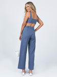 Matching set Crop top Fixed straps Invisible zip fasting at side High waisted pants Wide relaxed leg Belt loops at waist Zip & button fastening