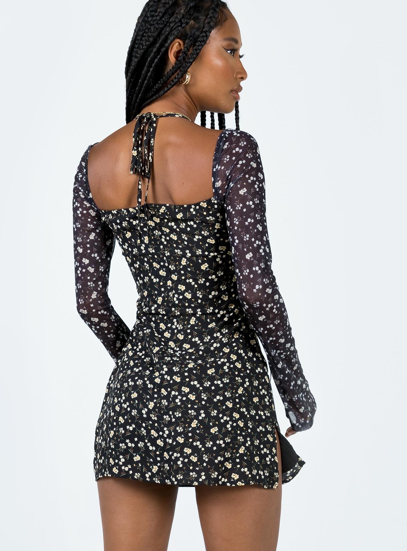 product Princess Polly High Neck  Dyer Sheer Sleeve Mini Dress Black Floral