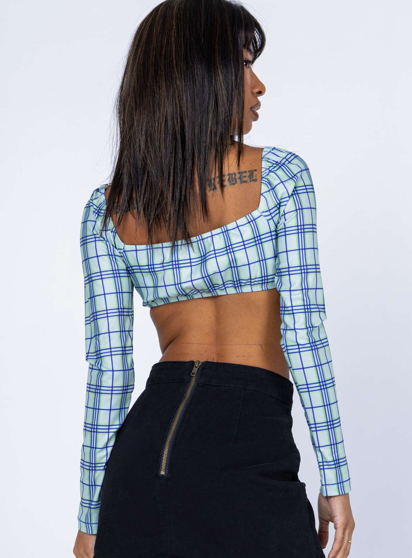 back view of model wearing Princess Polly Becca Long Sleeve Crop Top Green Check 
