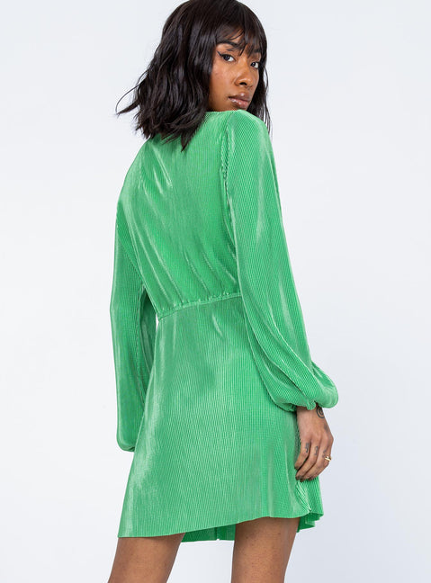 back view of model wearing Princess Polly Milan Long Sleeve Mini Dress Green 