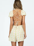 Romper Floral print  Puff sleeves Elasticated necklines & waistbands Back tie fastening  Low back 