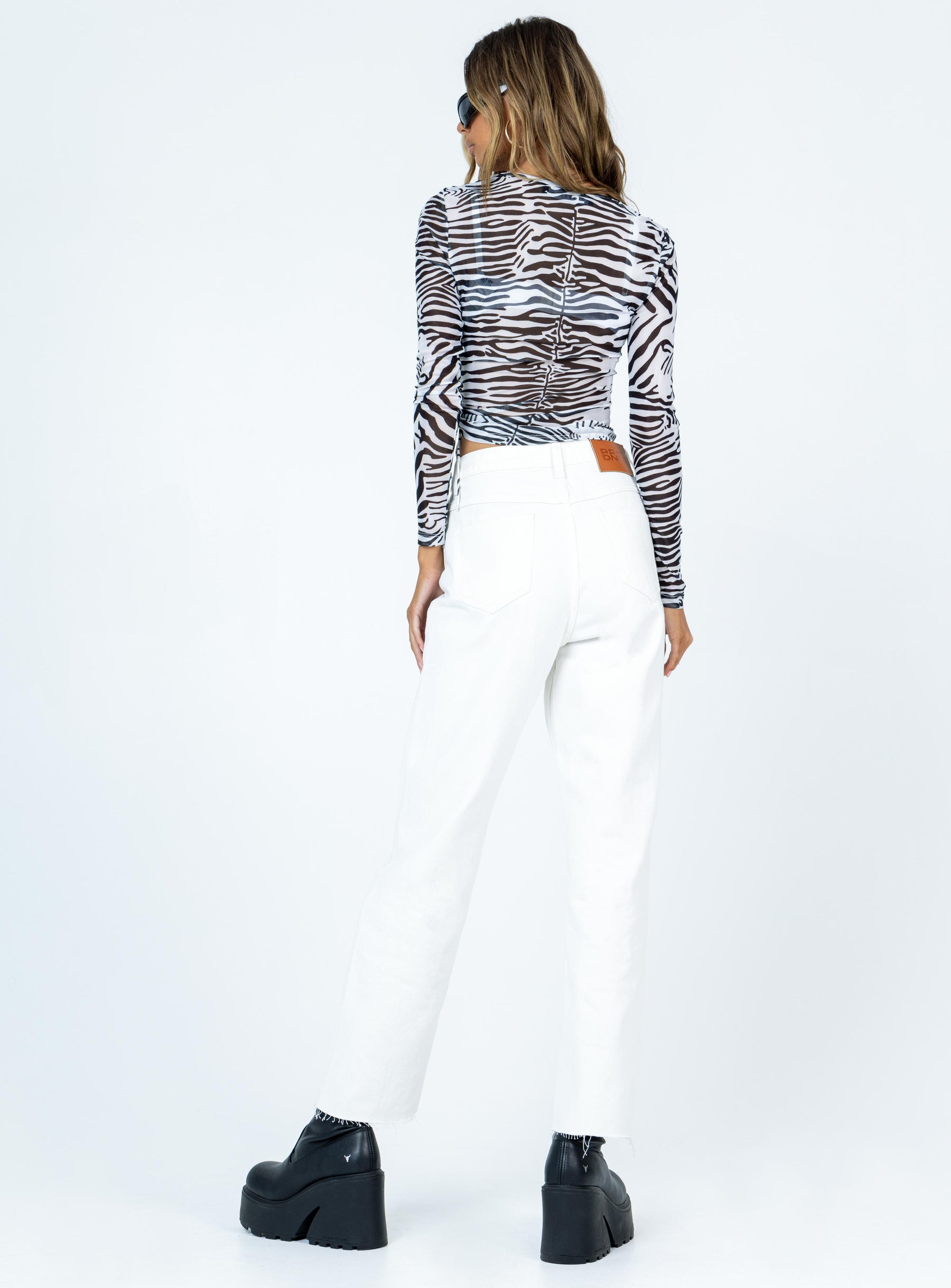 back view of model wearing Princess Polly Harrow Straight Leg Denim Jeans White High Waisted 