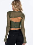 Two piece top Sheer mesh material Corset top Adjustable shoulder straps Wired U neckline Zip fastening at back Boning throughout Curved hem Long sleeve bolero Slit at cuff