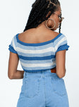Blue top Sheer crochet material  Stripe print  Lace up front fastening 